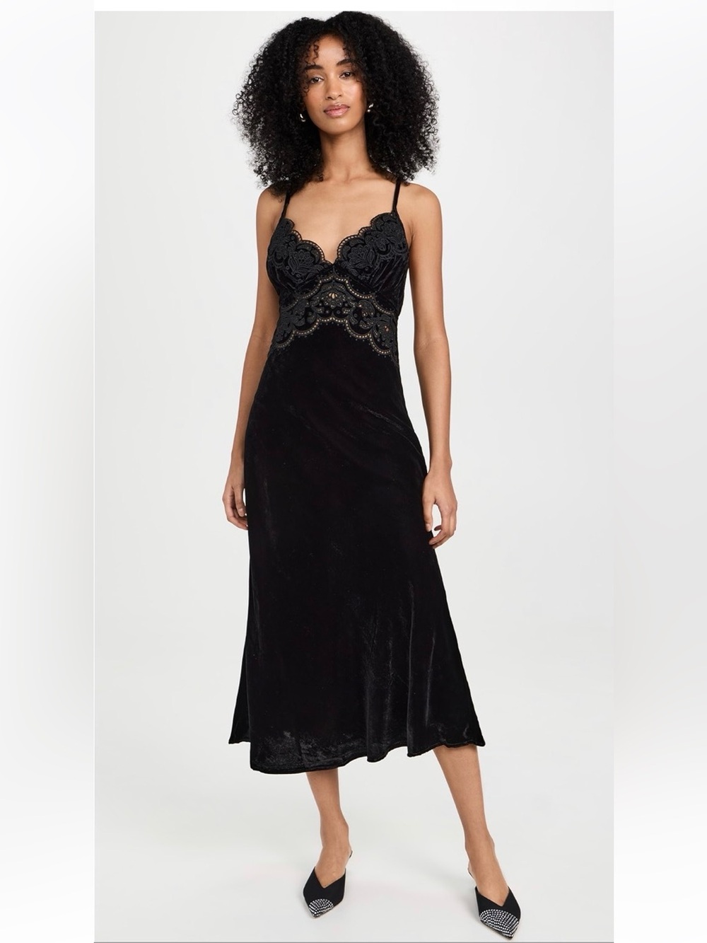 FARM Rio Black Richelieu Velvet Slip Midi Dress Lace Trim Spaghetti Strap Size L - Picture 3 of 16